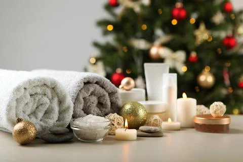 Spa composition on the table and Christmas accessories. Skin care Stock Photos
