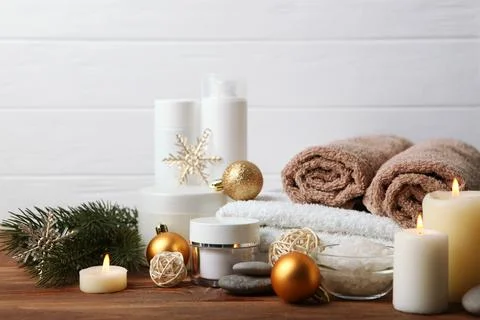 Spa composition on the table and Christmas accessories. Skin care Fotos Stock