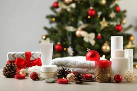 Spa composition on the table and Christmas accessories. Skin care Fotos Stock