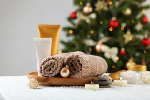 Spa composition on the table and Christmas accessories. Skin care Stock Photos