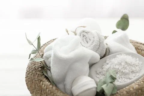 Spa composition with towels, bath bombs and sea salt. Stock Photos