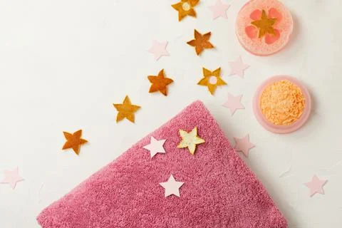 Spa composition with towels. Eco friendly cosmetic products in bathroom. Spa  Photos
