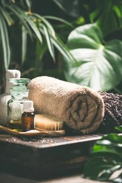 SPA composition on tropical background, close up Stock Photos