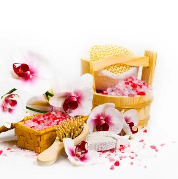 Spa composition with twig orchid mix white and red color Stock Photos