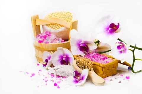 Spa composition with twig white orchid. Stock Photos