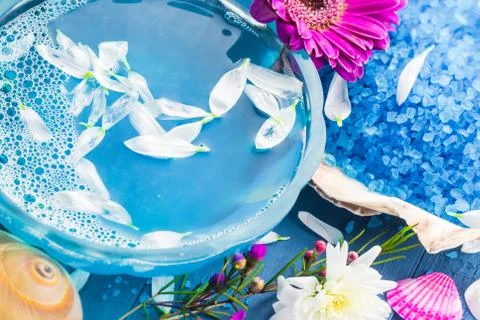 Spa composition water bath salt shells flowers Stock Photos