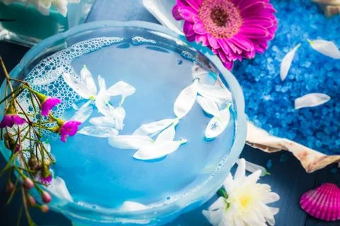 Spa composition water bath salt shells flowers Stock Photos