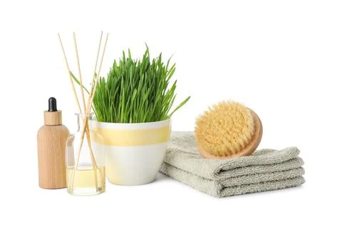 Spa composition with wheatgrass isolated on white Stock Photos