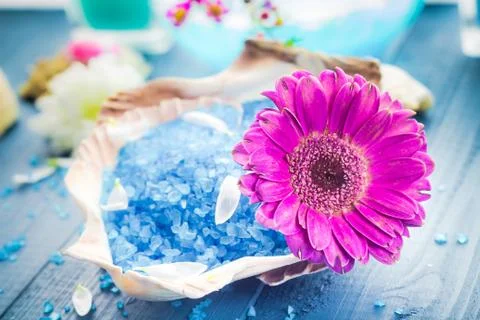 Spa concept aromatic flower bath salt Stock Photos