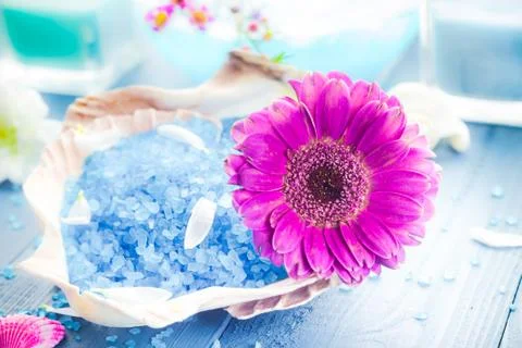 Spa concept aromatic flower bath salt Stock Photos
