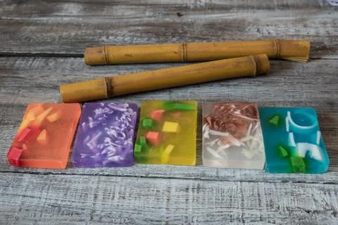 Spa concept. aromatic soaps and bamboo sticks Stock Photos