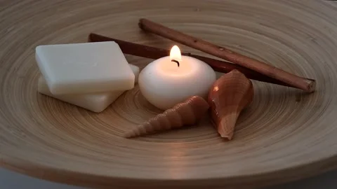 Spa Concept Candle Soap Seashells On Wooden Plate Stock Footage 220776970