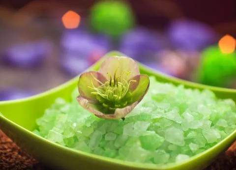 Spa concept closeup green bathing salt Stock Photos