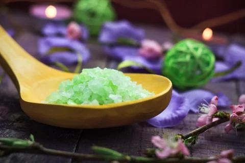 Spa concept closeup green bathing salt Stock Photos