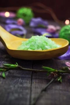 Spa concept closeup green bathing salt Stock Photos