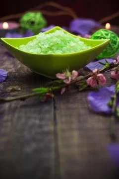 Spa concept closeup green bathing salt Stock Photos