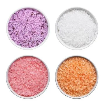 SPA concept. Collage, Set of bath salt in bowl isolated over white. Top view Stock Photos