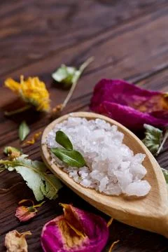 SPA concept: composition of spa treatment with natural sea salt, aromatic oil Stock Photos