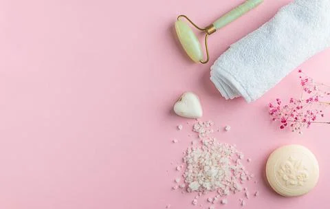SPA concept, flat lay on a pink background Stock Photos