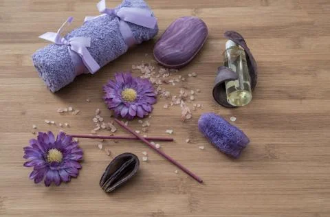 Spa concept. flowers,candles, aromatic salt,soap Stock Photos