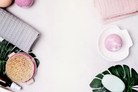 SPA Concept or Background Monstera Towels Soap Bath Bomb Frame Copy Space Fla Stock Photos