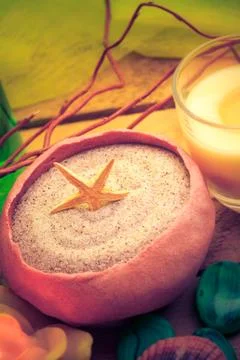 Spa concept sea sand shell scented candles Stock Photos