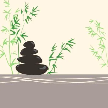 Spa Concept Stylized Zen Basalt Stones with Green Bamboo Illustrazione stock