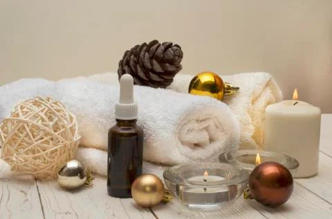 Spa concept, wellness objects on wood plant , christmas background. Present Stock Photos