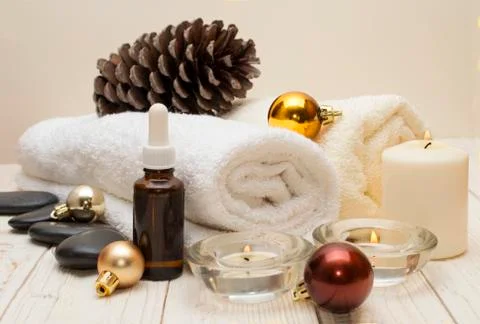 Spa concept, wellness objects on wood plant , christmas background. Present Stock Photos
