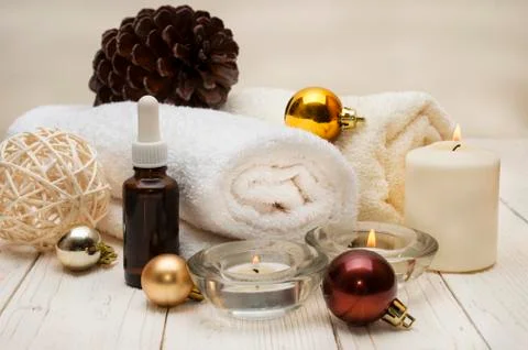 Spa concept, wellness objects on wood plant , christmas background. Present Stock Photos