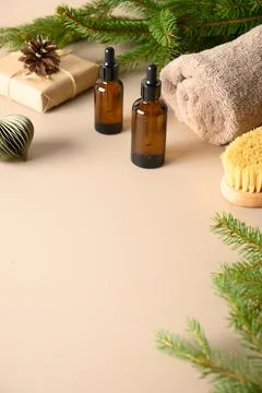 Spa concept, wellness objects on wood plant, christmas background. Present .. Stock Photos