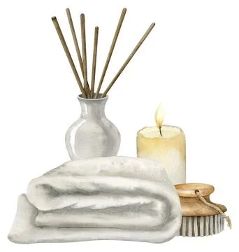 Spa cosmetic with towel and diffuser. Hand drawn watercolor illustration of Stock Illustration