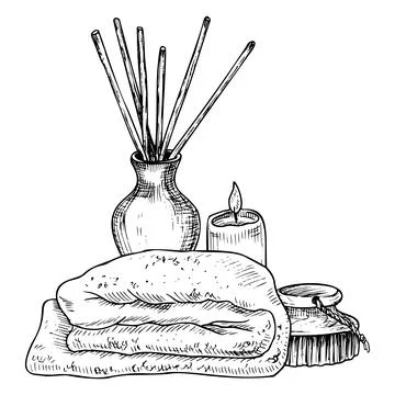 Spa cosmetic with towel and diffuser. Hand drawn vector illustration of bodycare Stock Illustration