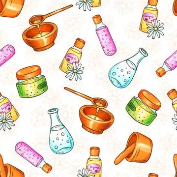 Spa cosmetics seamless pattern illustration. Hand drawn beauty and aromatherapy Stock Illustration