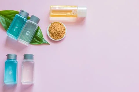 Spa cosmetics set. Copyspace for text. Top view. Flatlay on pink background. Stock Photos