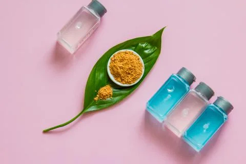 Spa cosmetics set. Copyspace for text. Top view. Flatlay on pink background. Stock Photos