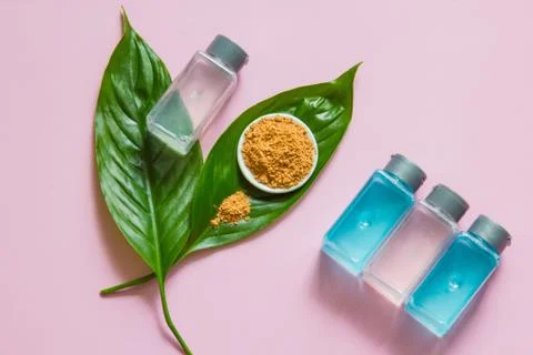 Spa cosmetics set. Copyspace for text. Top view. Flatlay on pink background. Stock Photos