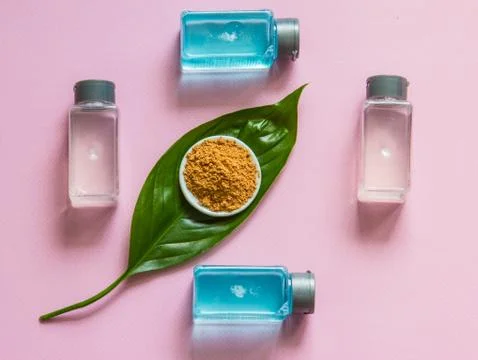 Spa cosmetics set. Copyspace for text. Top view. Flatlay on pink background. Stock Photos