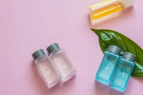 Spa cosmetics set. Copyspace for text. Top view. Flatlay on pink background. Stock Photos