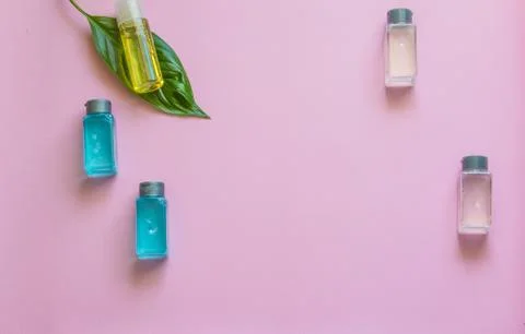 Spa cosmetics set. Copyspace for text. Top view. Flatlay on pink background. Stock Photos