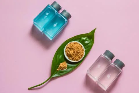 Spa cosmetics set. Copyspace for text. Top view. Flatlay on pink background. Stock Photos