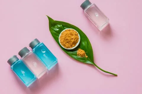 Spa cosmetics set. Copyspace for text. Top view. Flatlay on pink background. Stock Photos