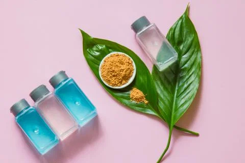 Spa cosmetics set. Copyspace for text. Top view. Flatlay on pink background. Stock Photos