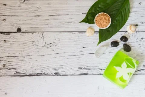 Spa cosmetics set. Copyspace for text. Top view. Flatlay on wooden background. Stock Photos