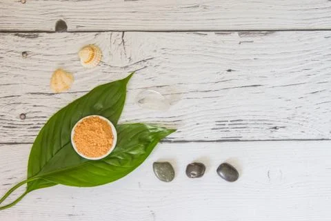 Spa cosmetics set. Copyspace for text. Top view. Flatlay on wooden background. Stock Photos