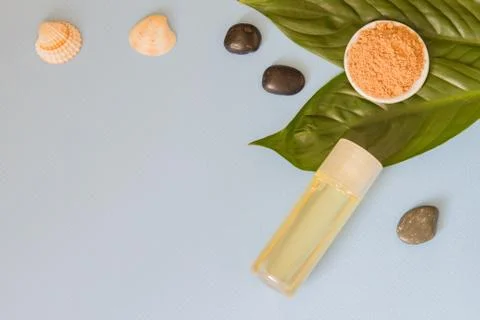 Spa cosmetics set. Copyspace for text. Top view. Flatlay on blue background. Stock Photos