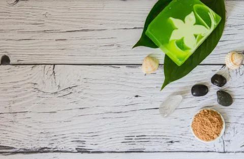 Spa cosmetics set. Copyspace for text. Top view. Flatlay on wooden background. Stock Photos