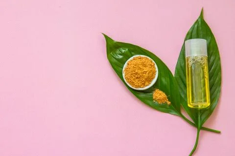 Spa cosmetics set. Copyspace for text. Top view. Flatlay on pink background. Stock Photos