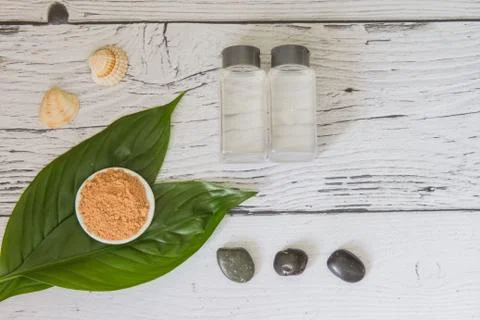 Spa cosmetics set. Copyspace for text. Top view. Flatlay on wooden background. 写真素材
