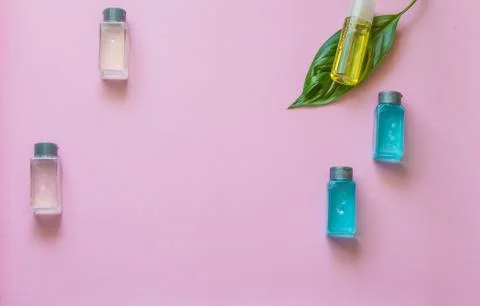 Spa cosmetics set. Copyspace for text. Top view. Flatlay on pink background. Stock Photos